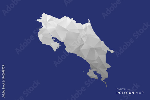 Costa Rica Map - Polygon White and Black map Style Vector Illustration, Low Poly Geometric Design, Isolated on blue Background.