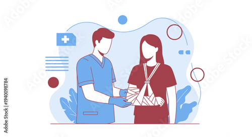 Doctor bandaging injured arm of patient in hospital, medical care and treatment concept