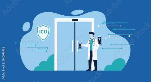Doctor at ICU Elevator Entrance, Medical Technology, Healthcare Concept