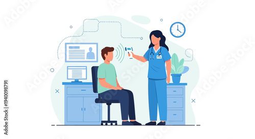 Doctor checking patient's temperature with infrared thermometer in clinic, medical checkup