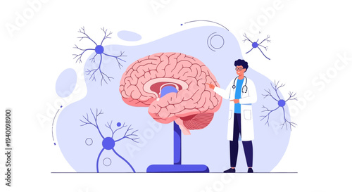 Doctor Explaining Brain Anatomy with Neurons and Neural Network Illustration
