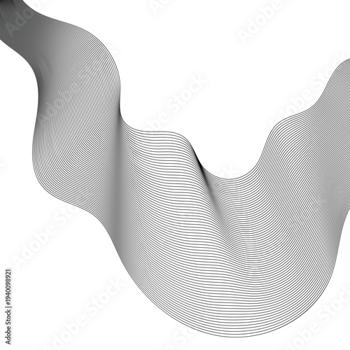 Modern minimalist abstract vector illustration of flowing black parallel lines forming a curved wave pattern