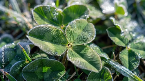 Close up of a four leaf clover with frost on its leaves.