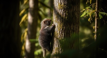 Adorable Baby Bear Climbing a Tree Trunk in a Forest Setting