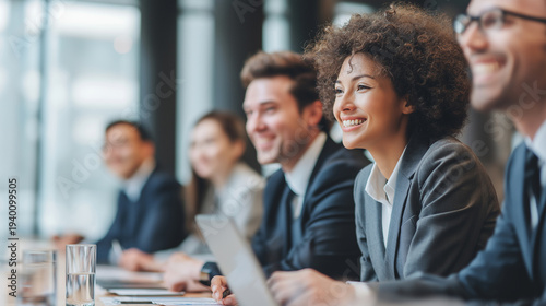 会議に参加する笑顔のビジネスパーソンたちのミーティング風景