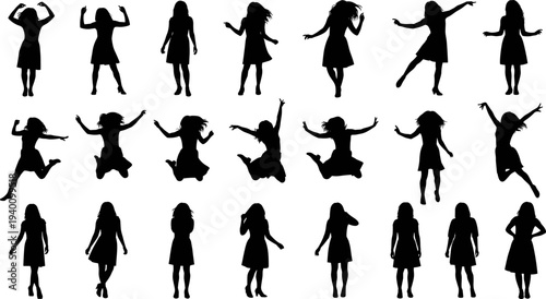 Girl dancing silhouette set woman dance pose collection female figure vector illustration isolated black people bundle design