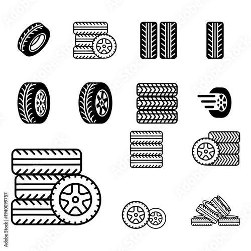 Different Vehicle Tires Silhouette Pack - Automotive Wheel and Rubber Tire Collection
