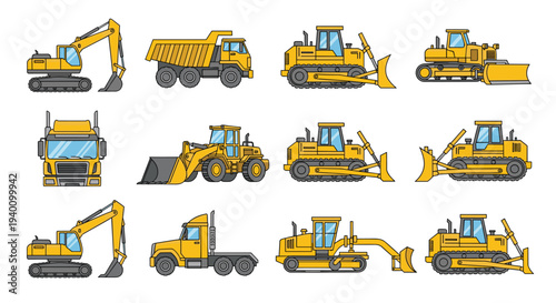 Set of yellow construction vehicle vector illustrations including excavators, bulldozers, dump trucks, and loaders, heavy machinery equipment for building site isolated on white background.