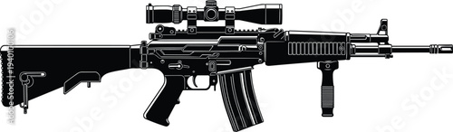 Technical illustration of a modern assault rifle with optical scope and foregrip for military tactical defense security and weapon system design projects.
