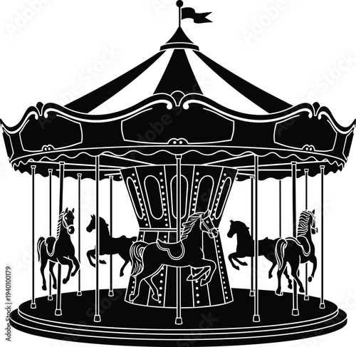 Traditional vintage carnival carousel silhouette featuring ornate decorative details with various horse figures and a striped tent roof isolated on a white background