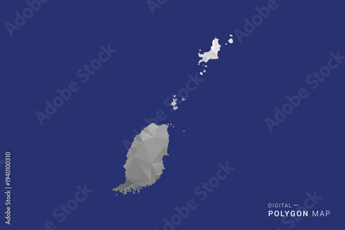 Grenada Map - Polygon White and Black map Style Vector Illustration, Low Poly Geometric Design, Isolated on blue Background.
