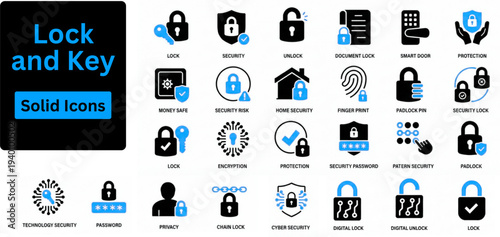 Lock and Key solid icon set. Security lock and key icon set with padlock house key and car remote fob. Solid icons set. 