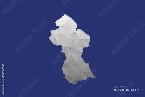 Guyana Map - Polygon White and Black map Style Vector Illustration, Low Poly Geometric Design, Isolated on blue Background.