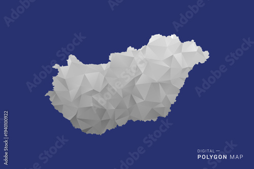 Hungary Map - Polygon White and Black map Style Vector Illustration, Low Poly Geometric Design, Isolated on blue Background.