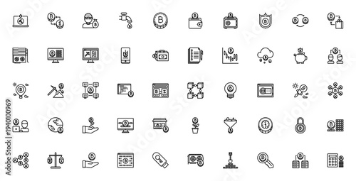 Blockchain icon set. Cryptocurrency vector icons pack. Includes Bitcoin, mining, exchange, shield, contract, growth and more. Editable thin line symbols.