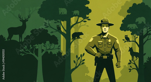 Park ranger standing in forest with wildlife and trees conservation and protection concept