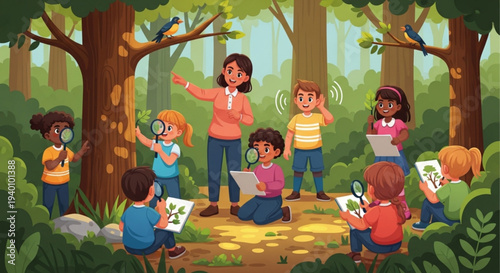 Children on a nature walk with teacher in forest exploring plants with magnifying glasses