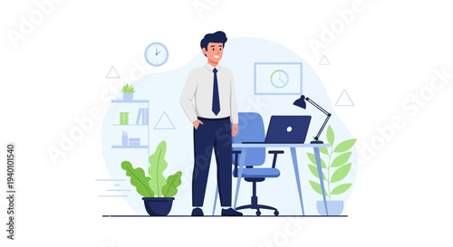 Young businessman standing in modern office with laptop and plants