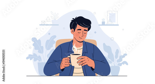 Young man enjoying a hot cup of coffee at home, relaxed atmosphere, cozy interior with plants