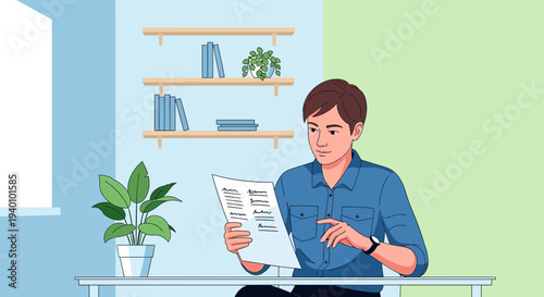 Young man reading document at desk with plants and bookshelves in modern home office