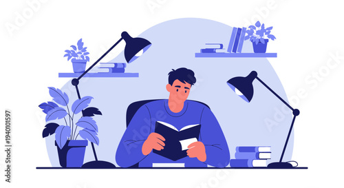 Young man studying and reading book at desk with plants and lamps, focused learning, home office
