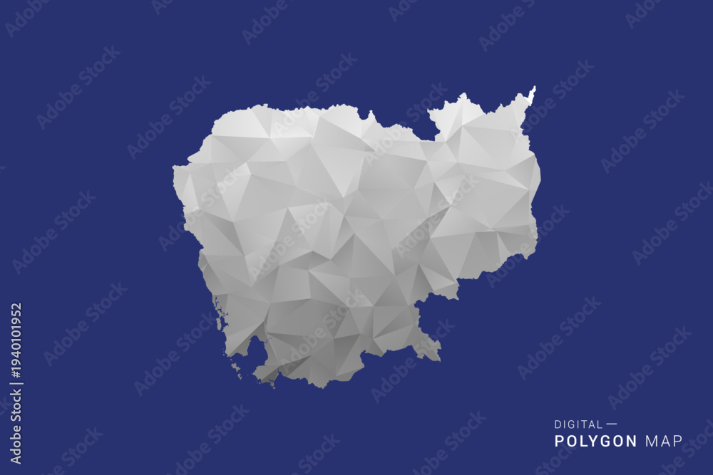 Ταπετσαρία Cambodia Map - Polygon White and Black map Style Vector Illustration, Low Poly Geometric Design, Isolated on blue Background