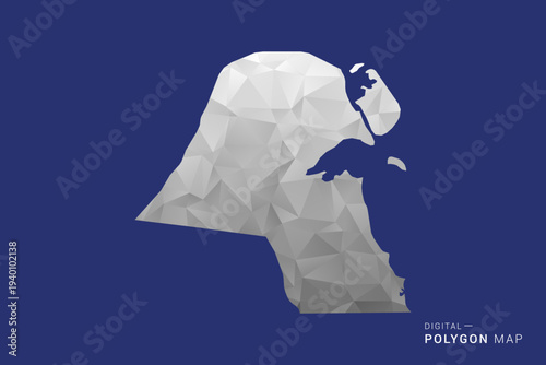 Kuwait Map - Polygon White and Black map Style Vector Illustration, Low Poly Geometric Design, Isolated on blue Background.
