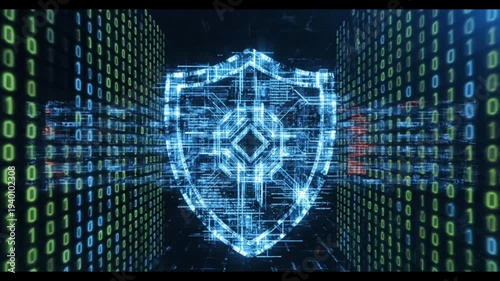 Futuristic Cyber Security Shield Protecting Digital Network Against Cyber Attack with Binary Code, Data Protection and AI Technology
