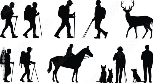 hiker wildlife and outdoor lifestyle silhouettes, trekking backpackers deer horse dog walker hunter adventure black silhouette collection set