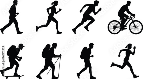 running athletes and outdoor adventure silhouettes, male female runners cyclist skateboarder hiker backpack activity black silhouette collection set