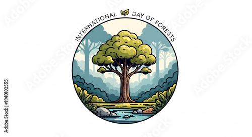 International day of forests logo with tree river and forest landscape