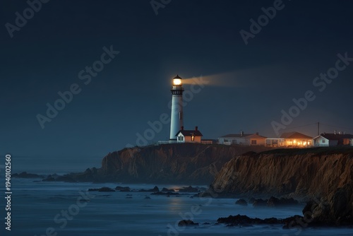 Lighthouse on Cliff at Night with Ocean Waves.