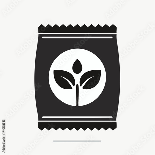 Bag of fertilizer icon, representing growth and plant nourishment with a stylized seedling graphic on a white background