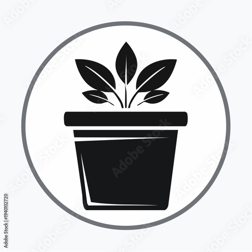 Modern black silhouette icon of a potted plant in a simple circular frame. Graphic embodies natural growth, botanical beauty, eco-friendly design for modern applications