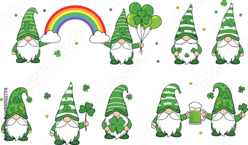 st patricks day gnome cartoon bundle with shamrock rainbow balloons beer lucky irish holiday cute leprechaun characters set illustration