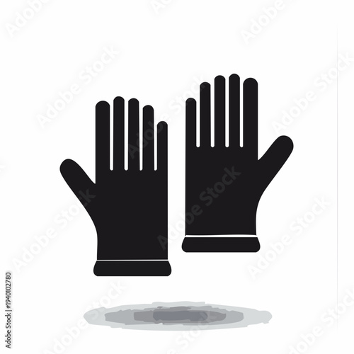 Black illustration of a pair of gloves on a white background with a shadow underneath, representing protection and safety equipment for hands