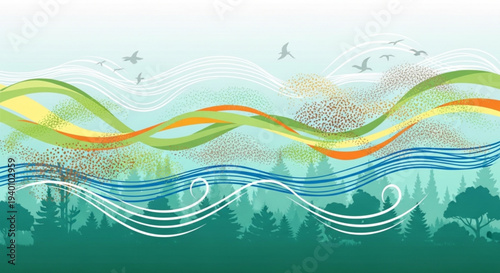 Vibrant wavy lines in green blue orange and yellow hues flowing over a serene forest landscape with birds in flight evoking a sense of environmental harmony and freedom
