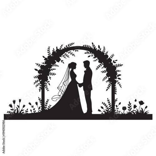 Black silhouette of bride and groom under floral arch