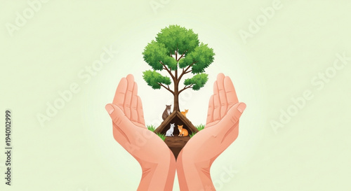 Hands cradling a tree with green leaves and roots on a light green background symbolizing nature and conservation