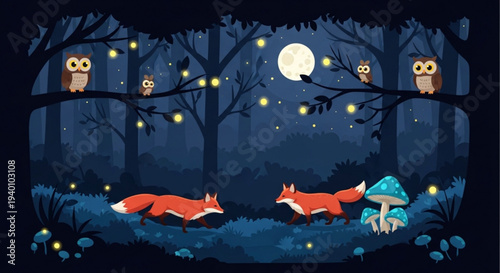 Whimsical forest scene with foxes owls and fireflies under a moonlit night sky with blue mushrooms