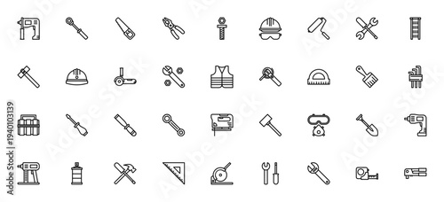 Construction icon set. Vector tool icons collection. Includes drill, wrench, saw, hammer, helmet, toolbox, screwdriver, ladder, safety gear and more. Editable stroke.