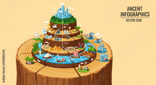Ancient infographic of a fantasy tree stump with various ecosystems and creatures illustrating environmental layers