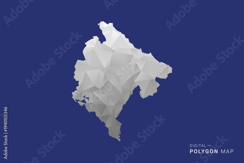 Montenegro Map - Polygon White and Black map Style Vector Illustration, Low Poly Geometric Design, Isolated on blue Background.