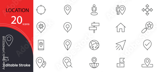 Location line icon set. Navigation, maps, delivery and map navigation outline icon collection. UI thin outline icon set. Editable stroke.
