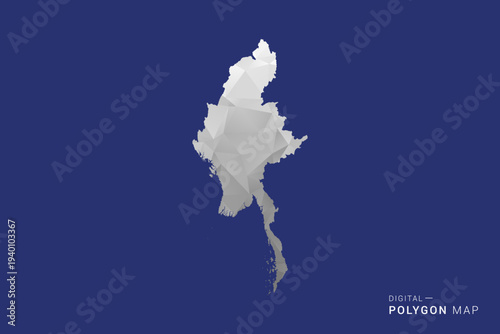 Myanmar Map - Polygon White and Black map Style Vector Illustration, Low Poly Geometric Design, Isolated on blue Background.