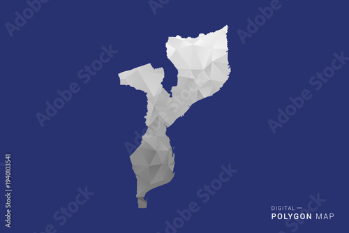 Mozambique Map - Polygon White and Black map Style Vector Illustration, Low Poly Geometric Design, Isolated on blue Background.