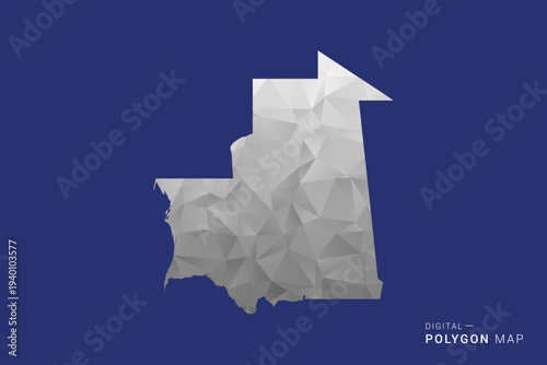 Mauritania Map - Polygon White and Black map Style Vector Illustration, Low Poly Geometric Design, Isolated on blue Background.