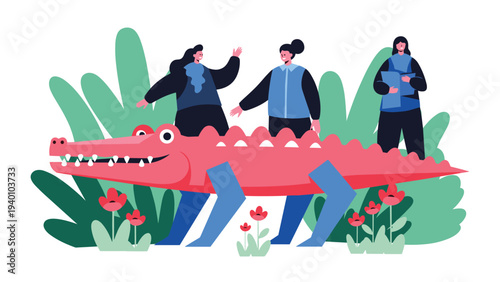 Surreal flat illustration of three people walking through a tropical forest while carrying a giant pink crocodile on their backs together.