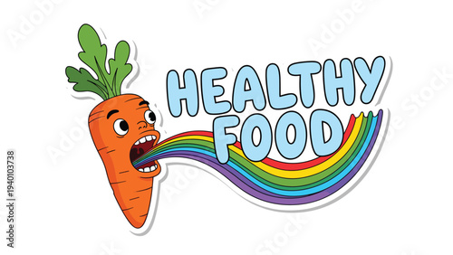 Funny cartoon carrot character with a face shouting out a bright rainbow next to the text healthy food to promote eating vegetables.