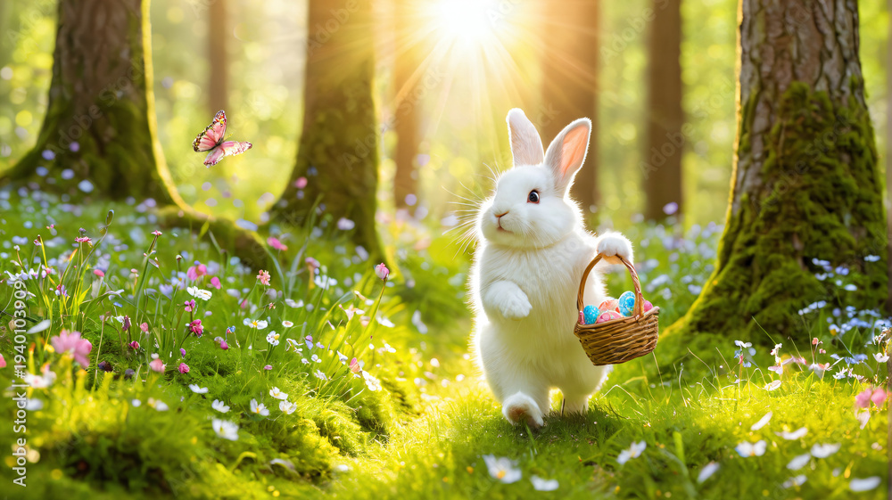 Naklejka premium weißer Osterhase trägt Korb mit Ostereiern im Wald